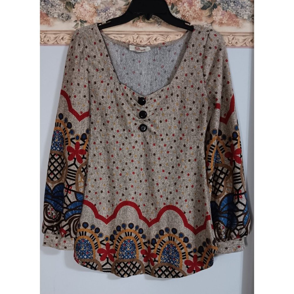 Aryeh Small Knit Boho Colorful Peasant Balloon Classic Occasion Top